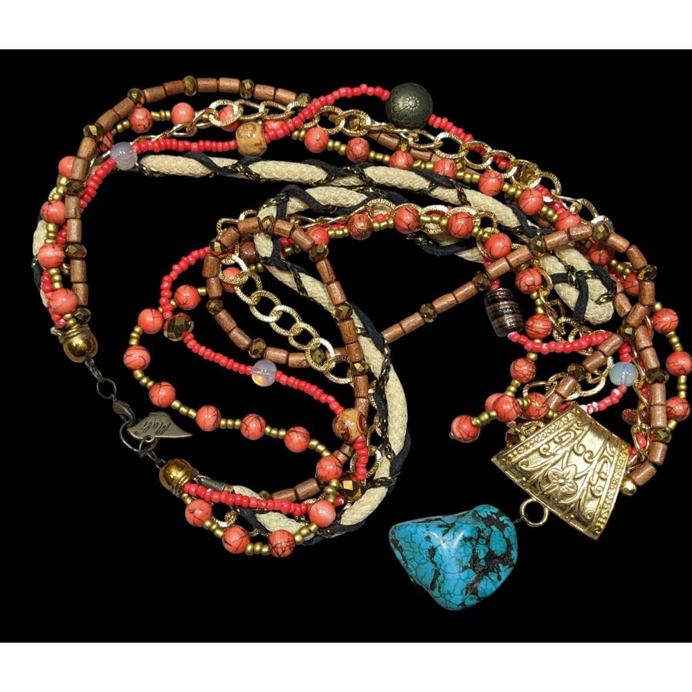 Mali Bohemian Layered Glass Stone And Wood Necklace